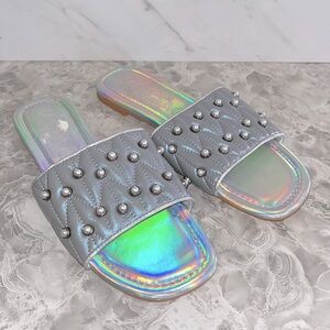 NEW Karl lagerfeld madyson imitation pearl holographic slide sz 7.5 / 38
